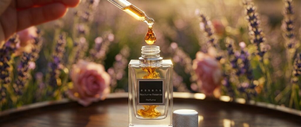 Macro close-up of pure fragrance oil dripping into an ESSENS bottle, visualizing the 20 percent concentration secret.