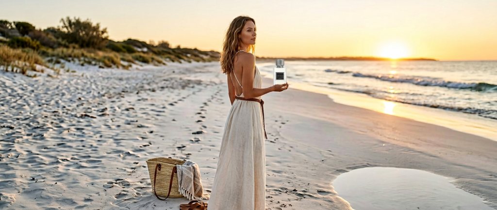 Empowered woman experiencing the freedom of the ESSENS Australia lifestyle on a sunlit beach.