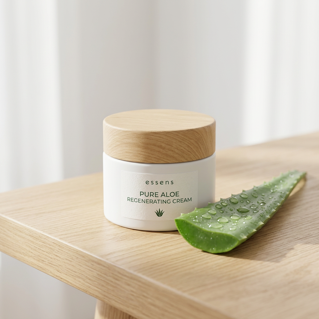 Natural ESSENS skincare with aloe vera, highlighting non-toxic and bio-certified ingredients.