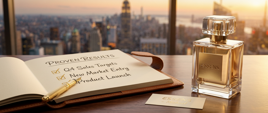 A luxury workspace showing the 7 proven steps of how the ESSENS Global business opportunity works.