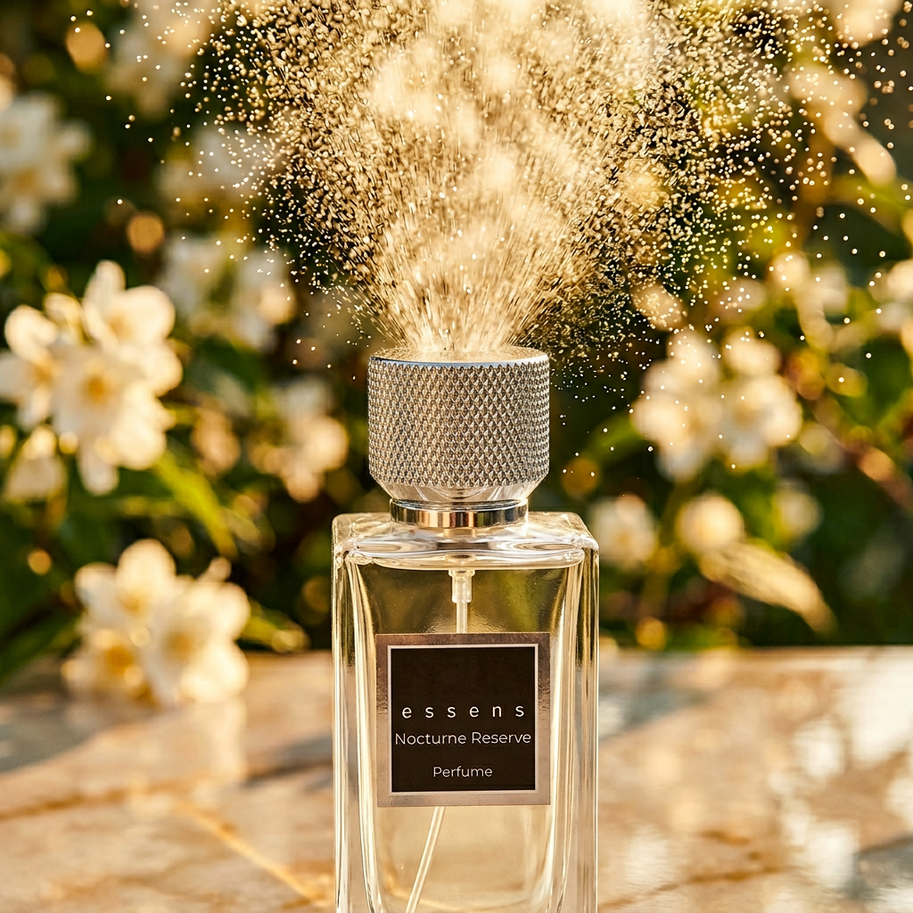 Macro shot of ESSENS parfum mist, symbolizing high essential oil concentration.