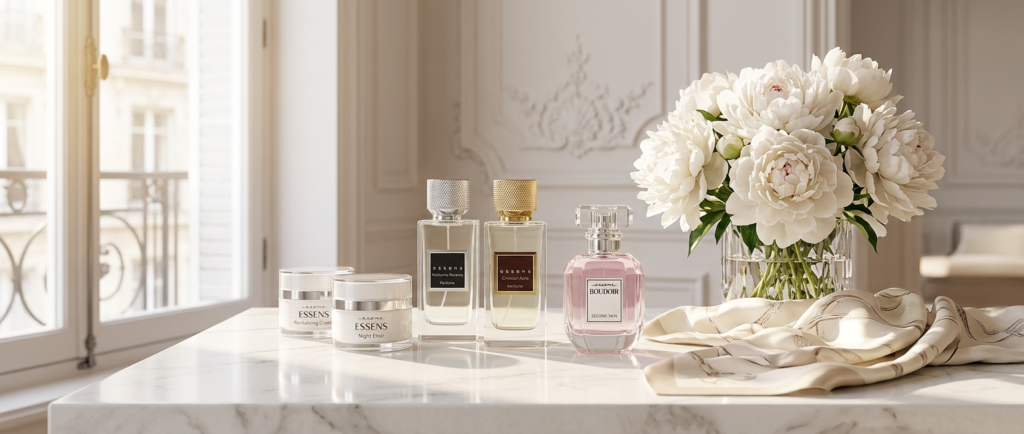 Premium ESSENS perfumes and skincare products on a luxury marble vanity, representing European quality.