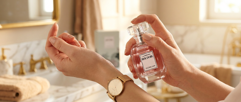 Woman applying ESSENS Products perfume to pulse points for long-lasting scent.