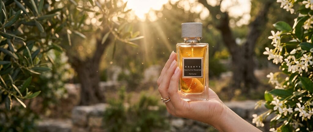 Close-up of a high-quality ESSENS perfume bottle, emphasizing the concentrated oil designed to be a long lasting perfume for summer.