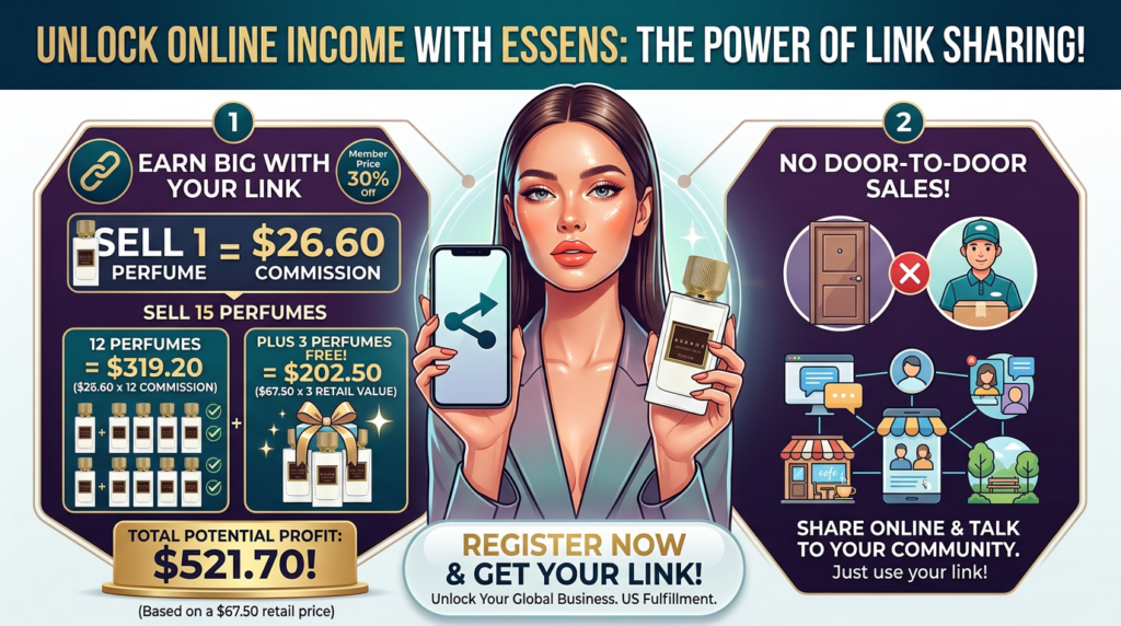 Infographic showing how to earn $521.70 profit with Essens online network marketing via link sharing