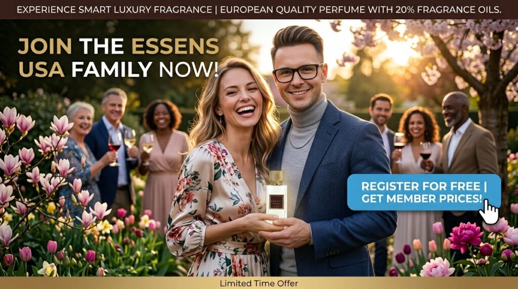 Happy group of people celebrating with Essens USA perfumes in a garden, featuring a call to action for free registration.
