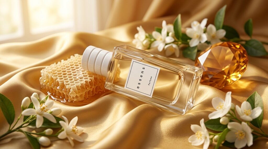 Luxurious Essens perfume bottle w113 on gold silk with honeycombs, representing gourmand perfume trends 2026.