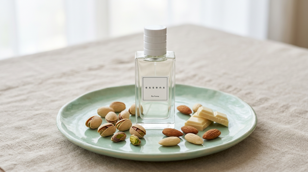 Minimalist flatlay of Essens perfume bottle w151 with pistachios and almonds, fashion-forward 2026 aesthetic.