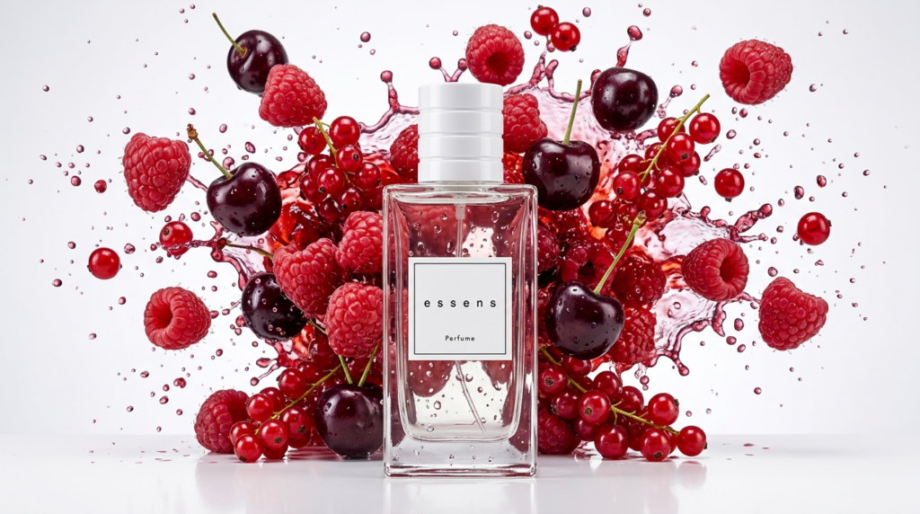 Dynamic explosion of ripe cherries and raspberries behind an Essens perfume bottle w190, illustrating realistic fruit gourmand perfume trends 2026.